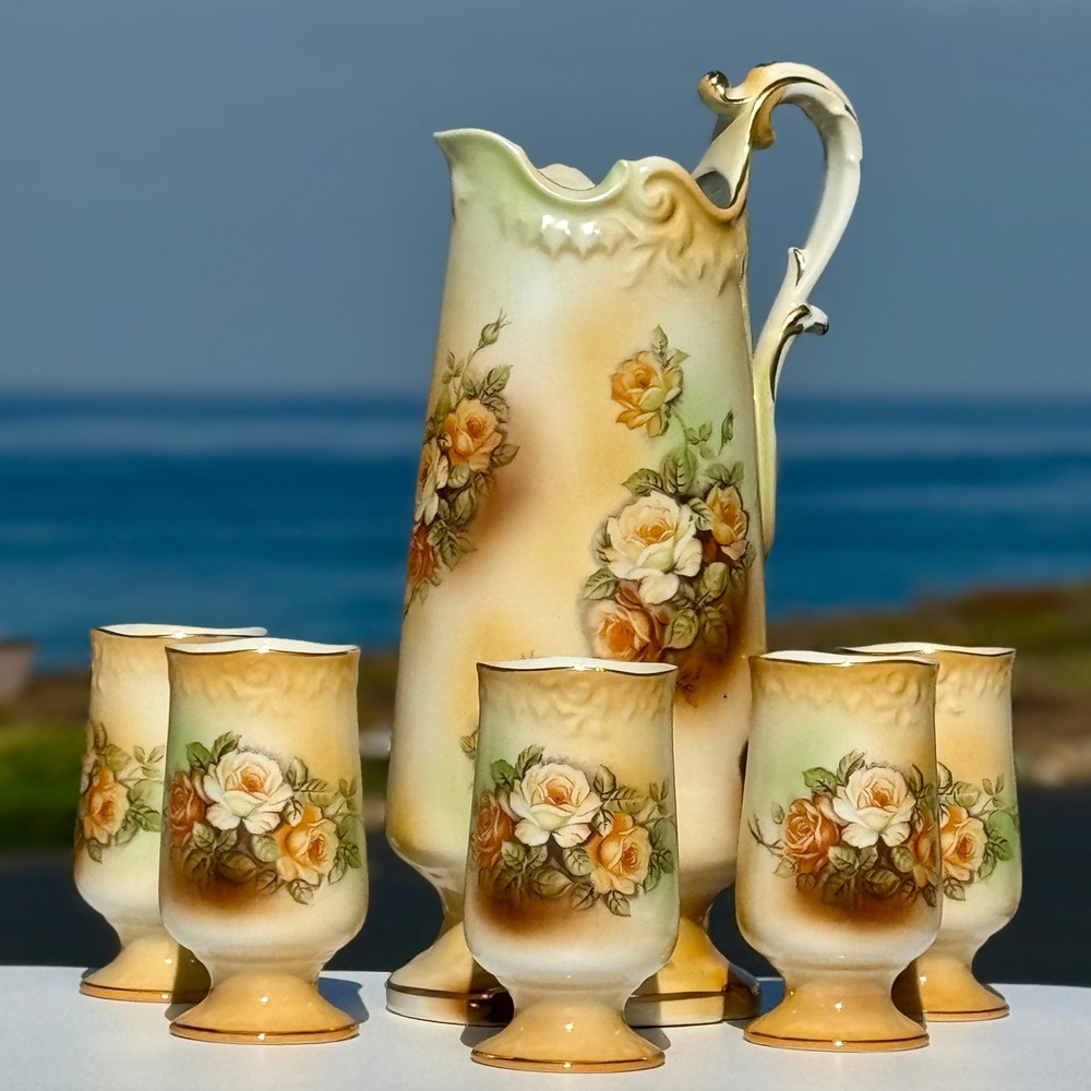 RS Wreath Stamp Porcelain Floral Chocolate Set Pitcher & 5 Cups Gold Trim Roses